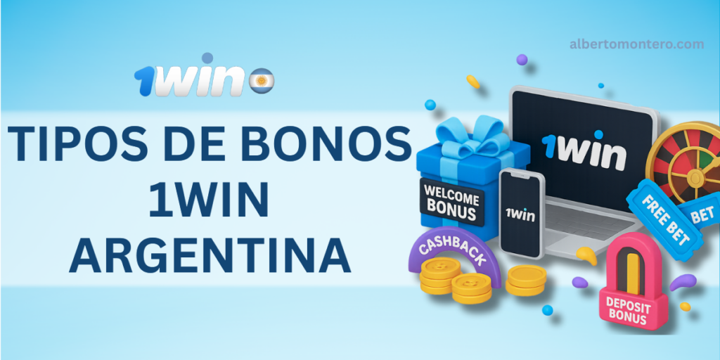Ilustración 3D colorida que representa los diferentes tipos de bonos de casino disponibles en 1win Argentina. Incluye una caja de regalo con la etiqueta "Welcome Bonus", monedas doradas bajo un arco de "Cashback", una ruleta con boletos azules de "Free Bet", y un medidor de "Deposit Bonus" en ascenso. También aparecen un smartphone y una laptop con el logo de 1win, junto a la bandera argentina, una calabaza de mate y el skyline de Buenos Aires.