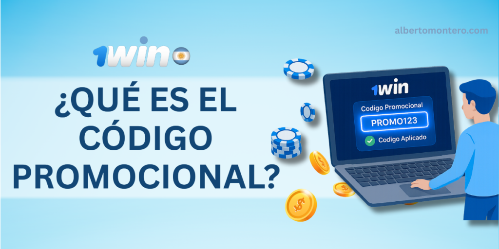 Ilustración 3D de un usuario ingresando un código promocional en una laptop con el logo de 1win en pantalla. El campo "Código Promocional" Debajo aparece un mensaje de confirmación que dice "Código Aplicado" con un check verde. Alrededor flotan elementos de casino como fichas de póker, monedas doradas y una caja de regalo azul. El estilo es moderno, digital e isométrico, con tonos azul claro y blanco inspirados en Argentina.