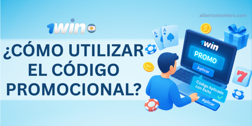 Ilustración digital 3D isométrica en formato horizontal que muestra a un usuario interactuando con una laptop en la plataforma 1win, ingresando el código promocional "PROMO" en un campo destacado y haciendo clic en el botón "Aplicar". Un mensaje de confirmación aparece con el texto "Código Aplicado con Éxito" y un check verde. Alrededor se destacan elementos visuales de casino como cartas de póker, fichas, monedas doradas, un símbolo de tragamonedas y una caja de regalo azul.
