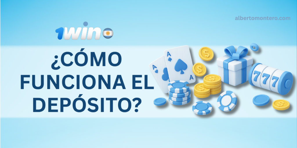 Ilustración digital 3D en tonos azul claro y blanco con fichas de casino, cartas, monedas doradas, una caja de regalo y un símbolo de tragamonedas 777, representando el proceso de depósito en 1win Argentina