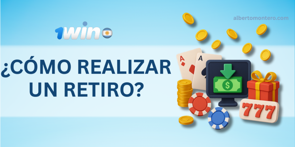 Ilustración en formato vertical que muestra el proceso de retiro en 1win Argentina, con elementos de casino como cartas, fichas, monedas doradas, una caja de regalo, un monitor con billete y flecha verde, y un símbolo de tragamonedas 777