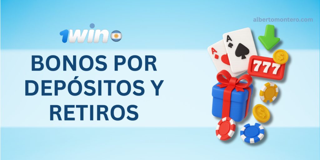 Ilustración en formato vertical que representa los bonos relacionados a depósitos y retiros en 1win, con elementos de casino como cartas, monedas doradas, fichas, símbolo de tragamonedas 777 y una caja de regalo azul con lazo rojo