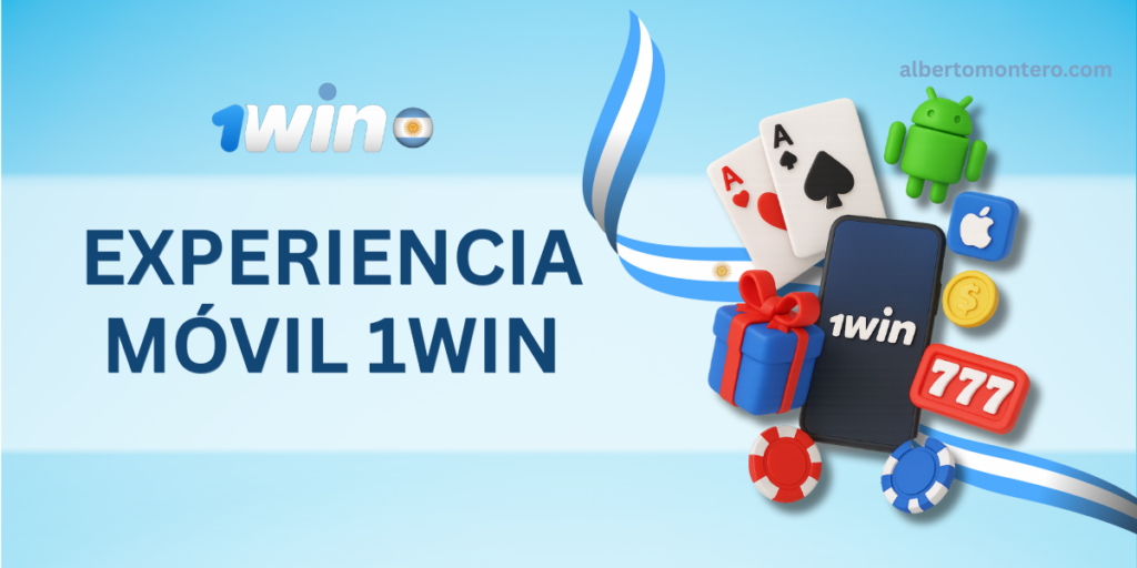 Banner promocional de 1win Argentina con fondo azul, un smartphone con el logo de 1win, cartas de póker, fichas, monedas, un regalo, símbolo de tragamonedas 777 y los iconos de Android y Apple, acompañado de una cinta con los colores de la bandera de Argentina. Texto destacado: "Experiencia Móvil 1win".
