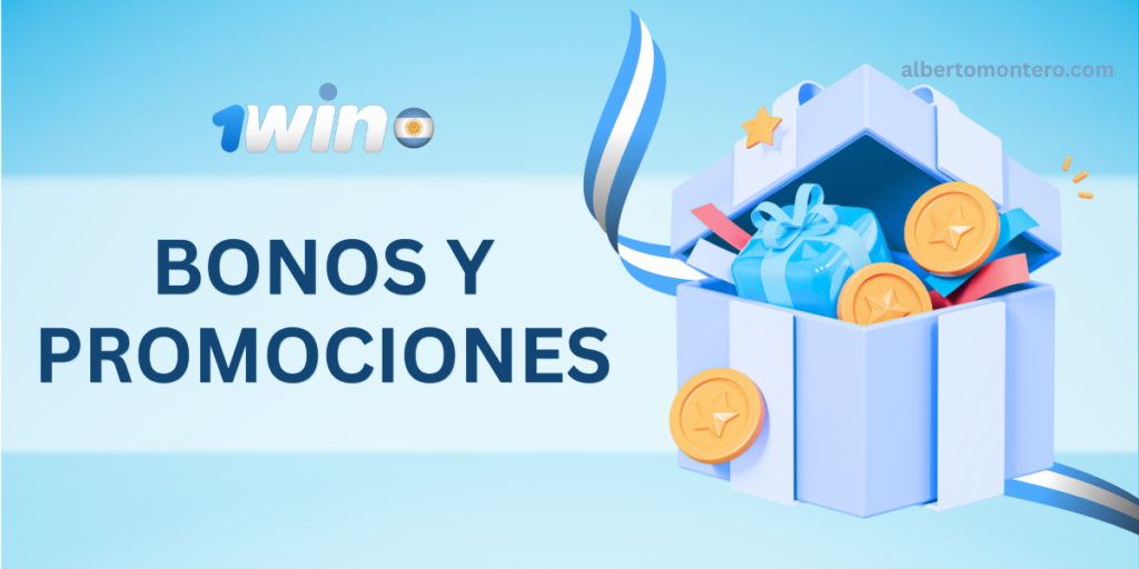 Banner promocional de 1win Argentina con fondo azul, caja de regalo blanca con detalles celestes, monedas doradas, cinta con los colores de la bandera de Argentina y el texto destacado "Bonos y Promociones".