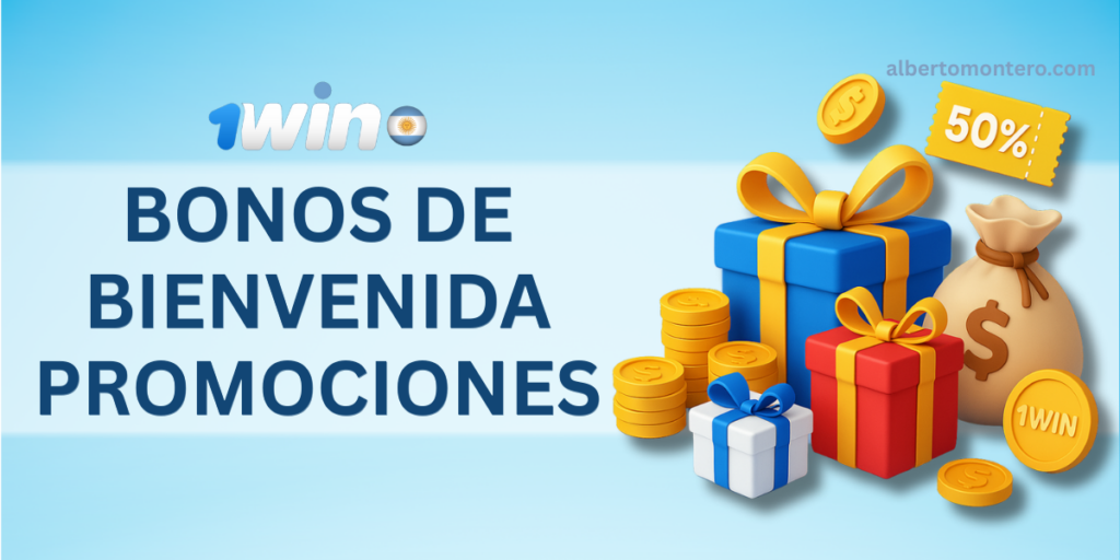 Banner promocional de 1win Argentina con fondo azul, cajas de regalo, monedas doradas, un saco de dinero, un cupón de descuento del 50% y el texto destacado "Bonos de Bienvenida Promociones".