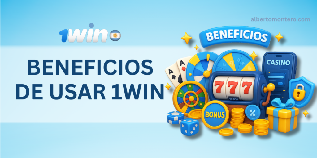 Banner promocional de 1win Argentina con fondo azul, elementos de casino como tragamonedas 777, ruleta, fichas, dados, monedas, cartas, rueda de la suerte, caja de regalo y un teléfono móvil con la palabra "Casino". Texto destacado: "Beneficios de usar 1win"